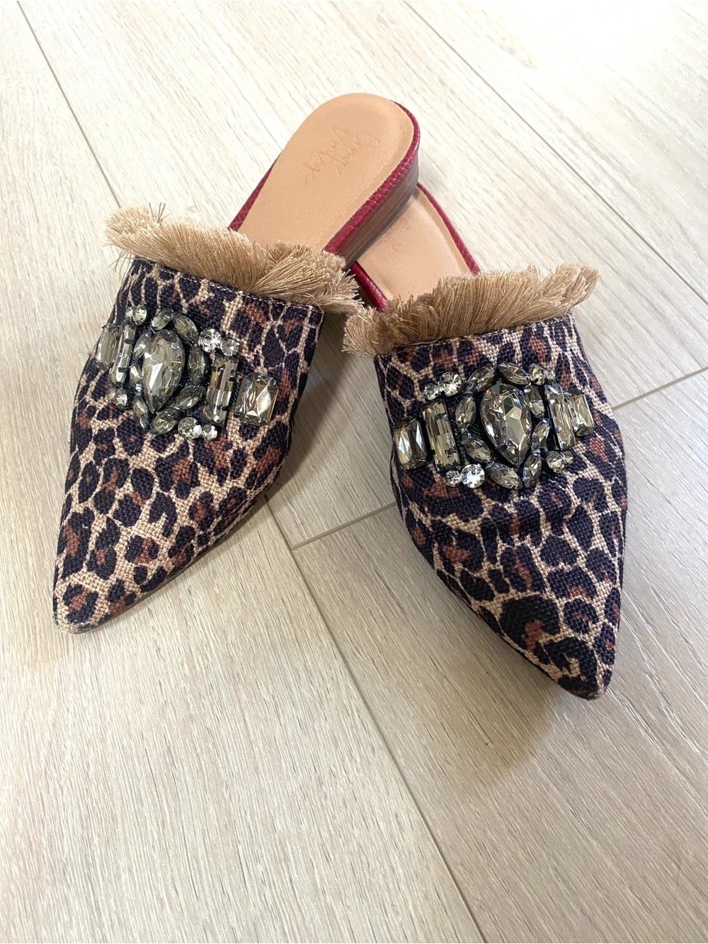 Crown Vintage Leopard Mules Flats Jeweled Fringe Sz 8